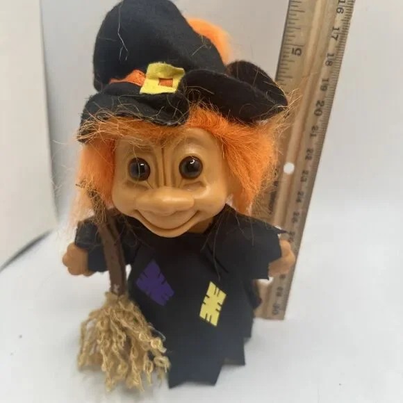 5” Troll Doll Witch Russ Halloween with Hat & Broom Orange - Picture 2 of 2